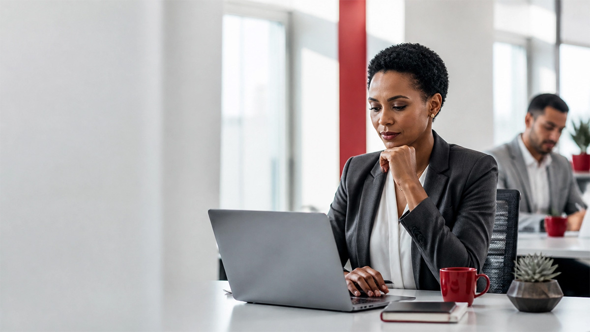 Professional reviewing an AI-assisted workflow in a modern office