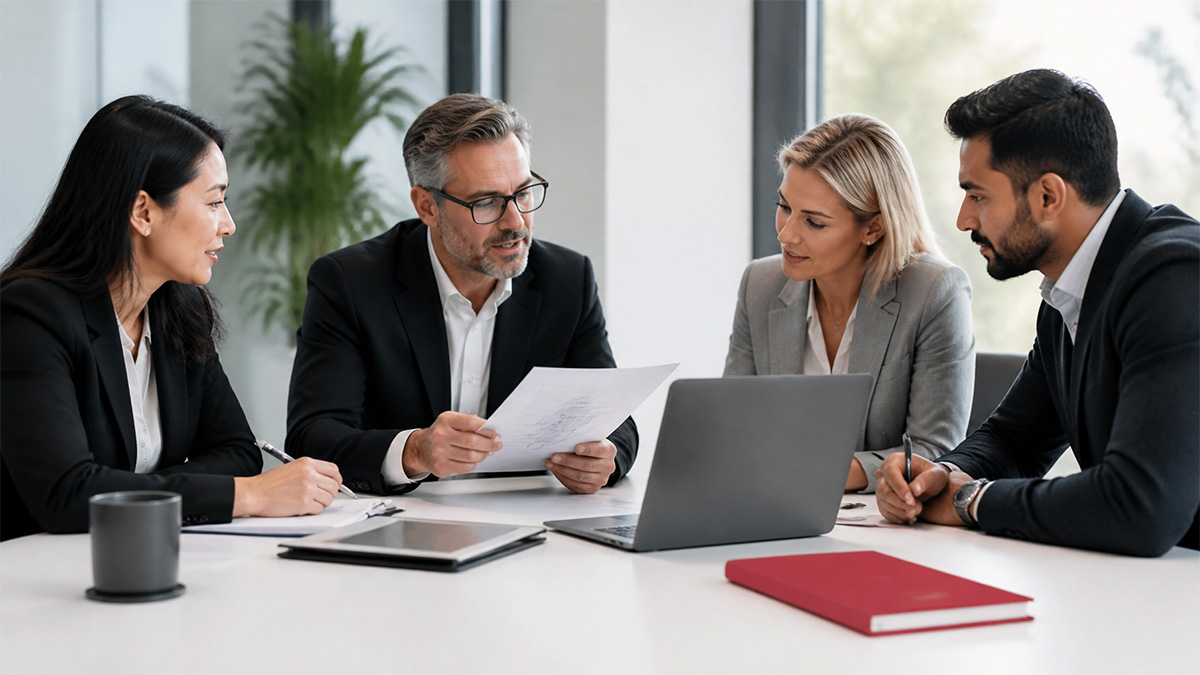 Business leaders and an IT advisor reviewing an AI policy and technology dashboard