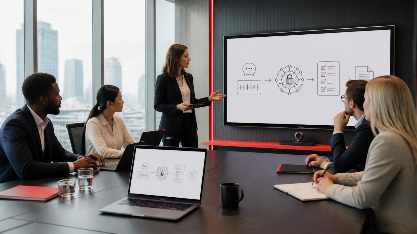Team reviewing meeting notes workflow on a screen in a conference room