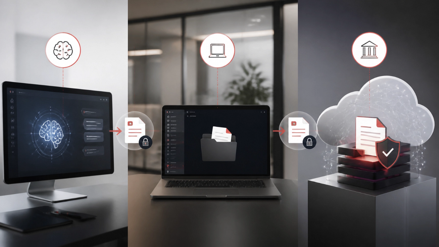 Workflow showing AI drafting notes that route to a protected document