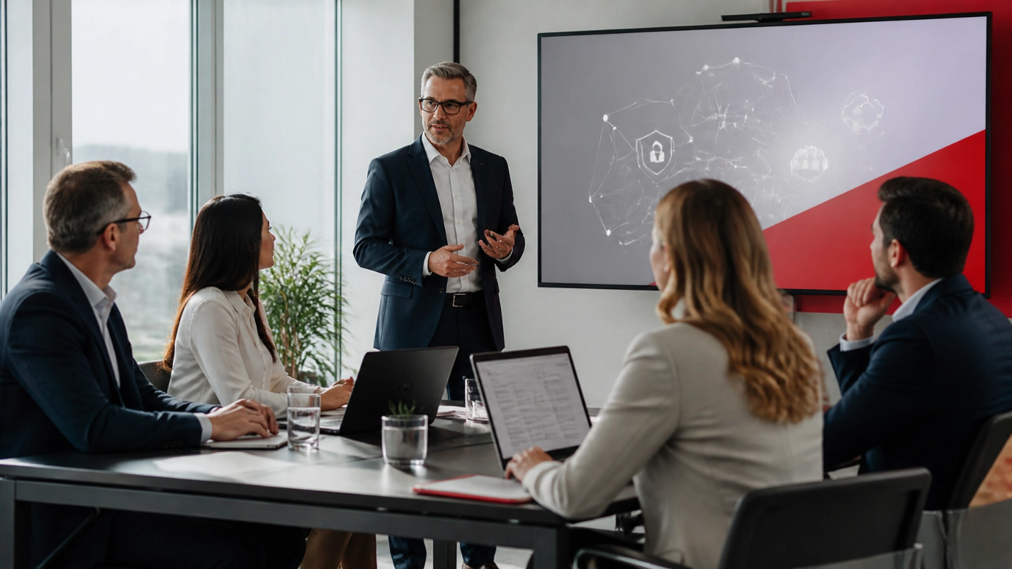 Executive presenting security strategy to colleagues in a meeting